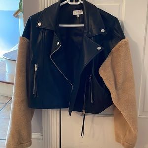 Black faux leather moto jacket with plush sleeves - black size small